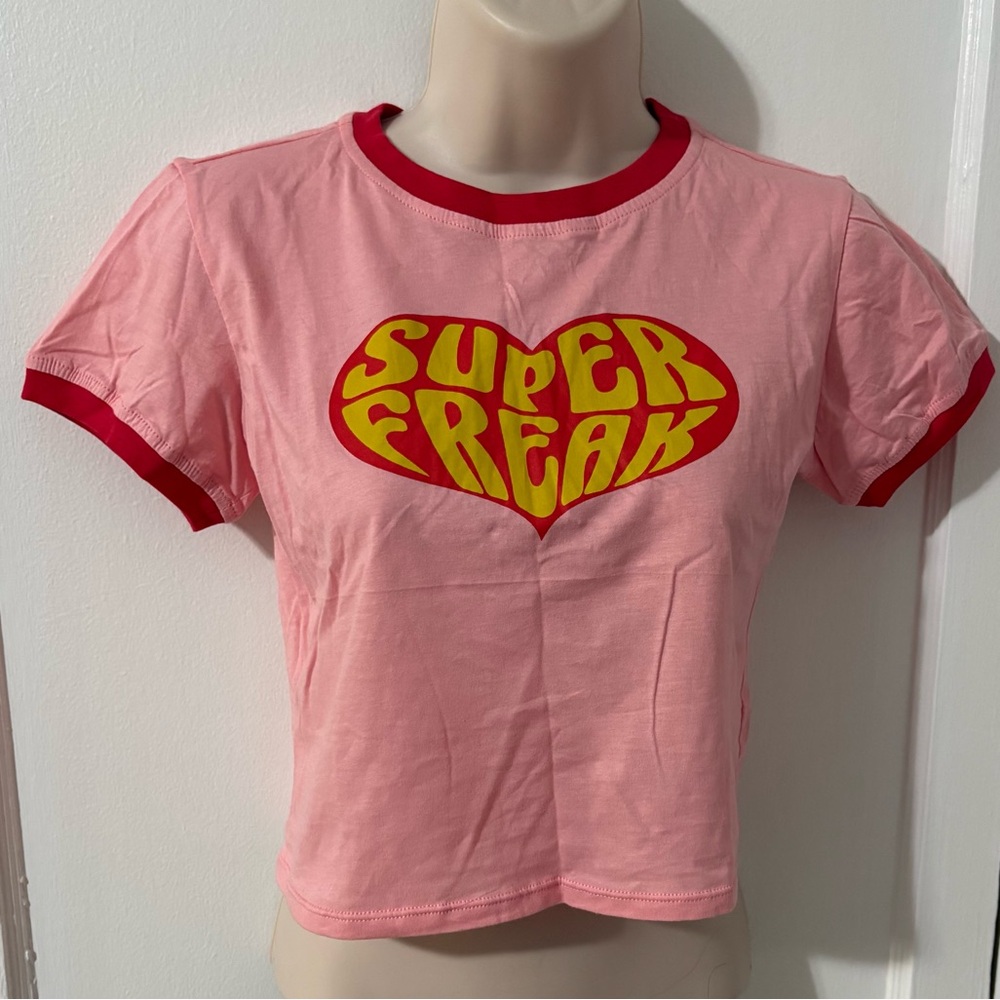 Motel Rocks Super Freak Heart Peony Pink Ringer Tee Cropped Tight Fit Baddie